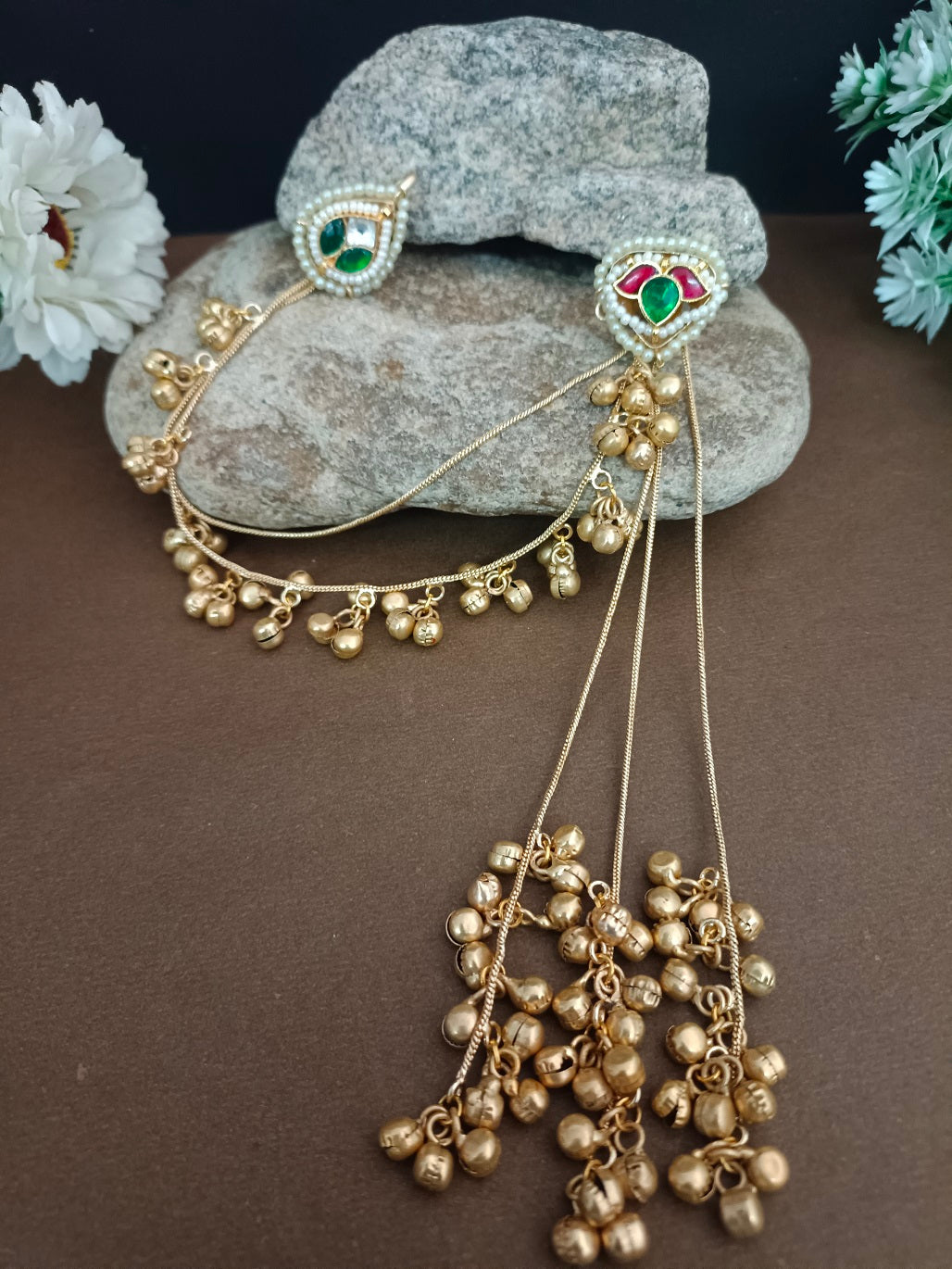 Set Of 2 Brass Plated Pachi Kundan & Ghungaroo Studded Drop Kashmiri Earrings With Earchains