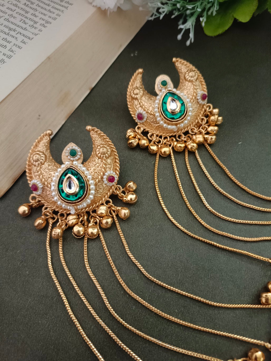 Brass-Plated Pachi Kundan & Ghungaroo Beaded Kashmiri Crescent Shaped Drop Earrings