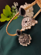 Sanjog Oxidized Silver Black Stone Traditional Jhumka Earrings with Pearl Drops