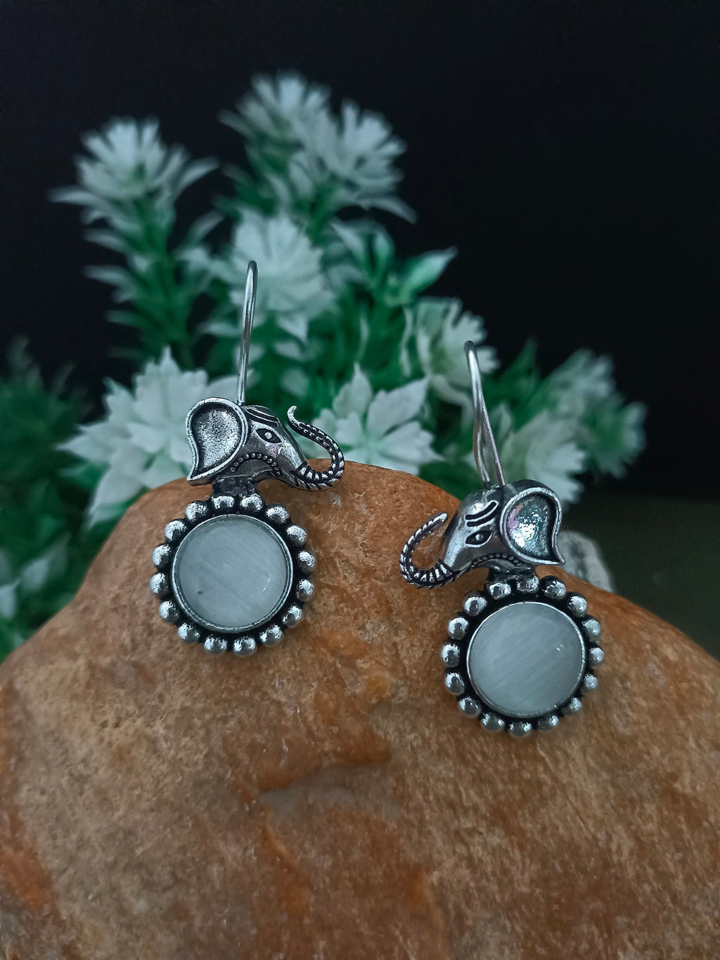 Sanjog Oxidized Silver Elephant Drop Earrings with White/Grey Stone (Cat's Eye)