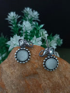 Sanjog Oxidized Silver Elephant Drop Earrings with White/Grey Stone (Cat's Eye)