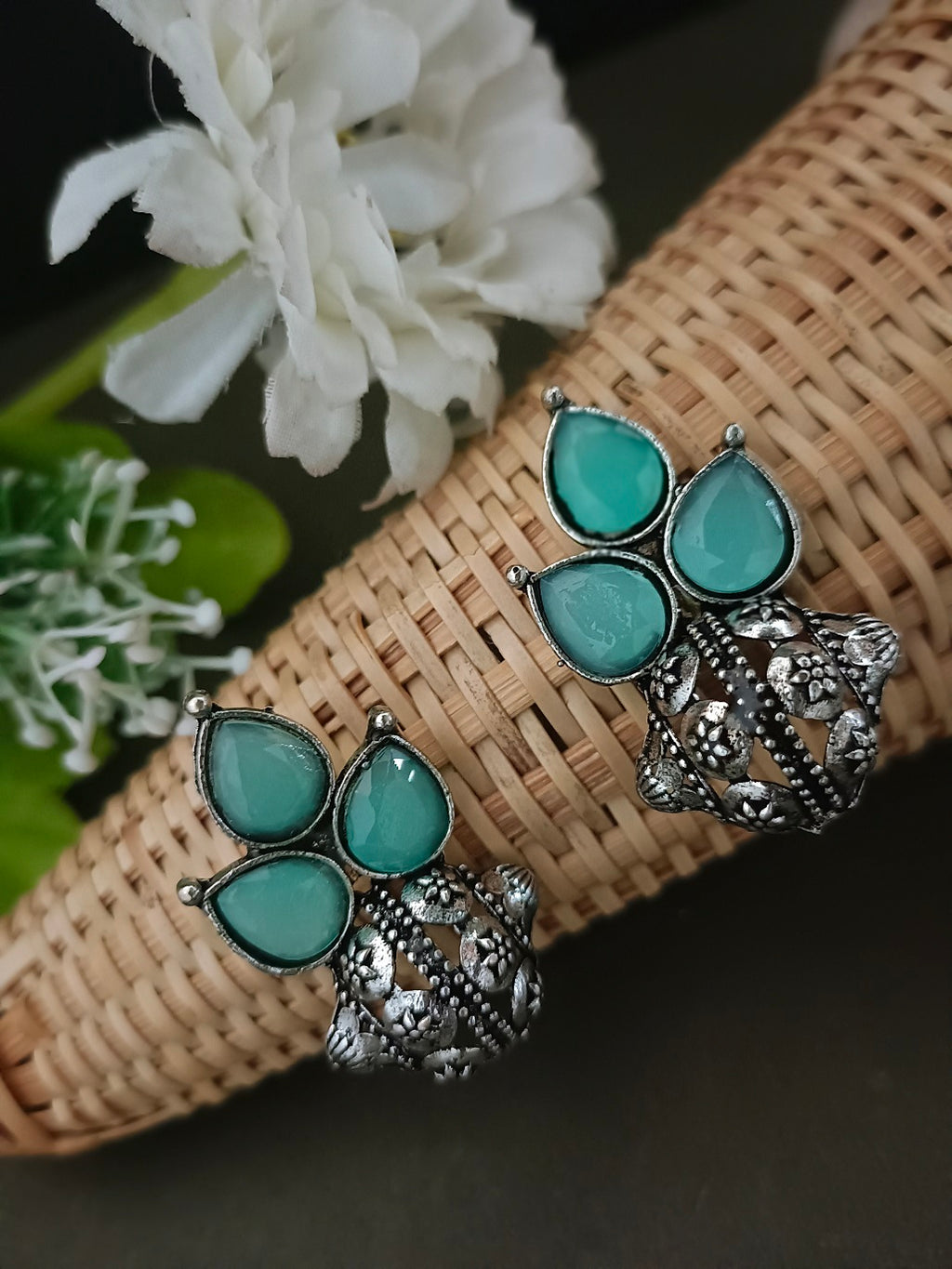 Sanjog Oxidized Silver-Tone Mint Green Stone Cluster Stud Earrings with Intricate Dome Base