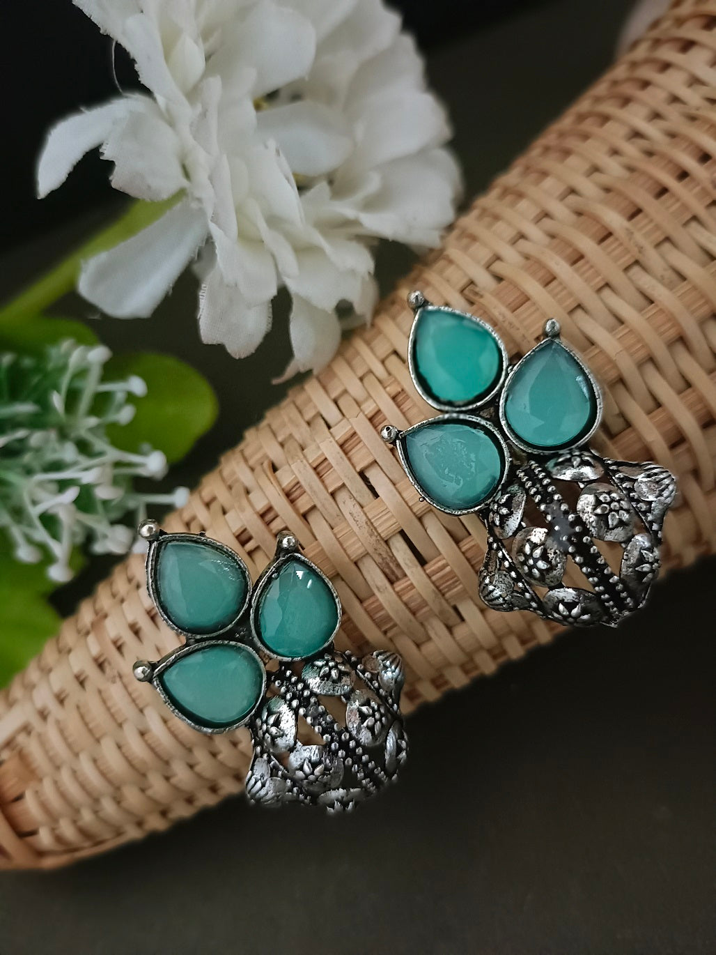 Sanjog Oxidized Silver-Tone Mint Green Stone Cluster Stud Earrings with Intricate Dome Base
