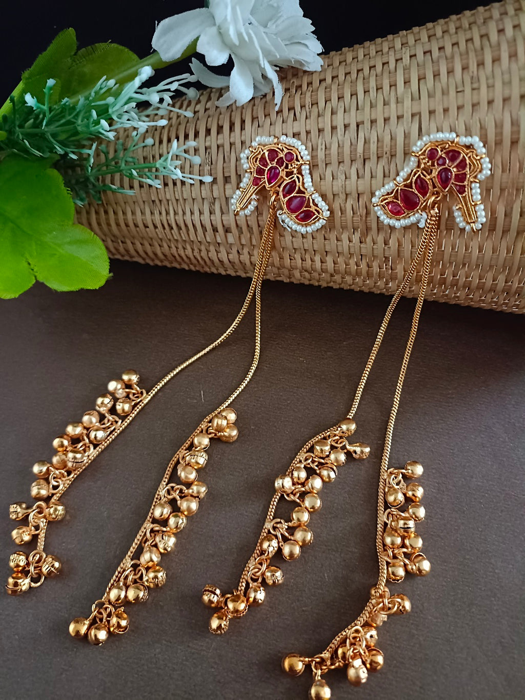 Gold-Plated Kundan Studded & Ghungroo Beaded Tasselled Peacock Kashmiri Drop Earrings