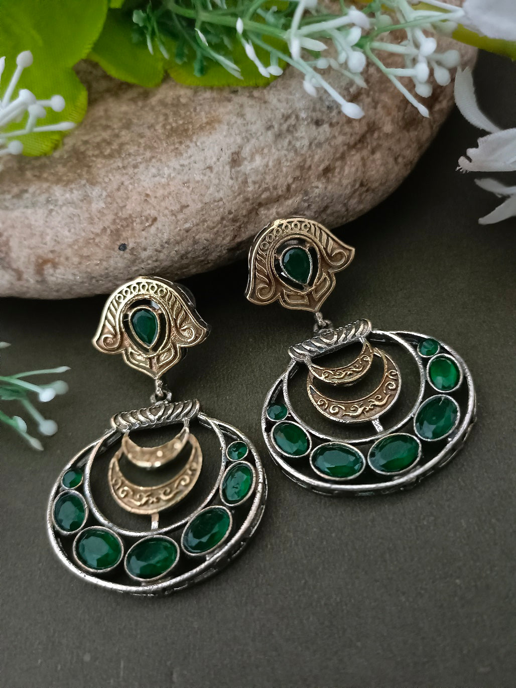Sanjog Dual-Tone Antique Jhumka Drop Earrings with Emerald Green Stone Chandbali Design