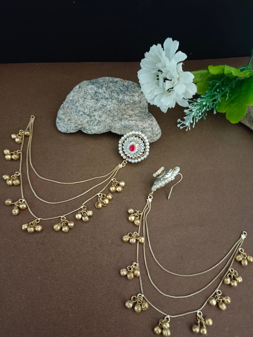 Traditional Gold-Tone Ear Chains (Kaan Chain) with Pachi Kundan Studs and Ghungroo Dangles