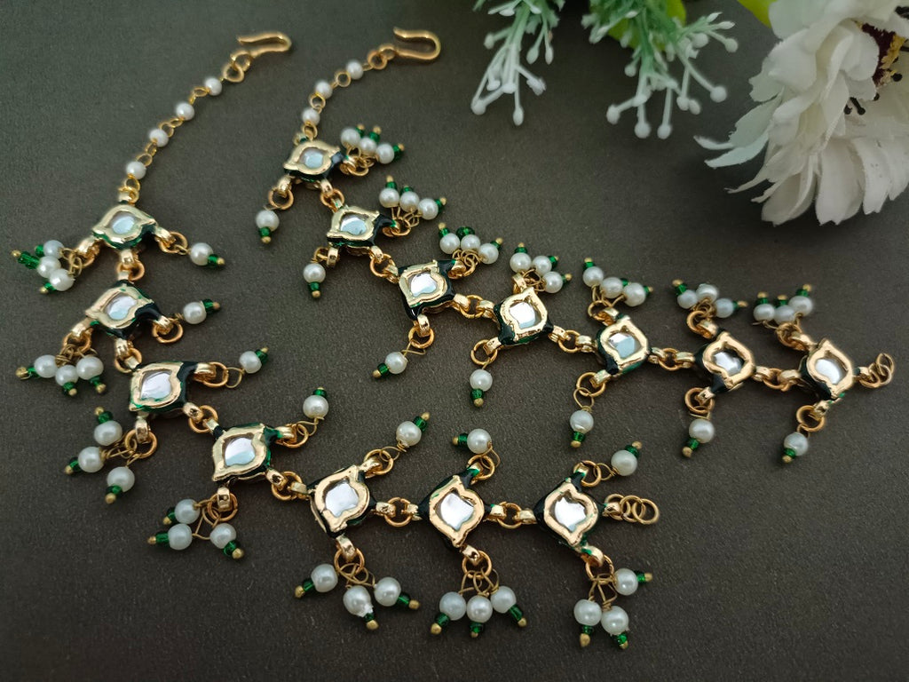 Gold-Plated Kundan Studded And Artificial Beaded Pearl Sahara Ear Chains Earrings