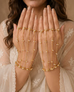 Women 2 Brass Handcrafted Gold-Plated Hathphool Panja Multi Ring Pearl Studded Bracelet