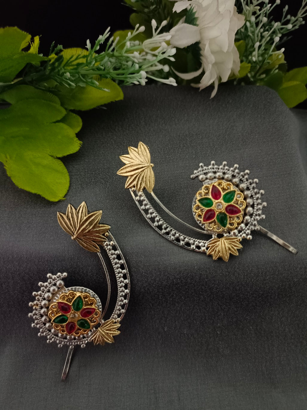 Brass-Plated Artificial Stones Studded Oxidised Floral Bugadi Ear Cuff Earring