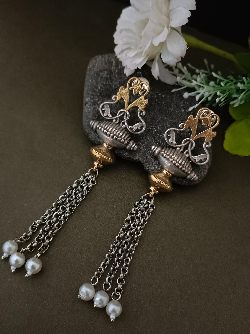 Sanjog Dual-Tone Antique Tribal Drop Earrings with Temple Motifs and Chain Tassels