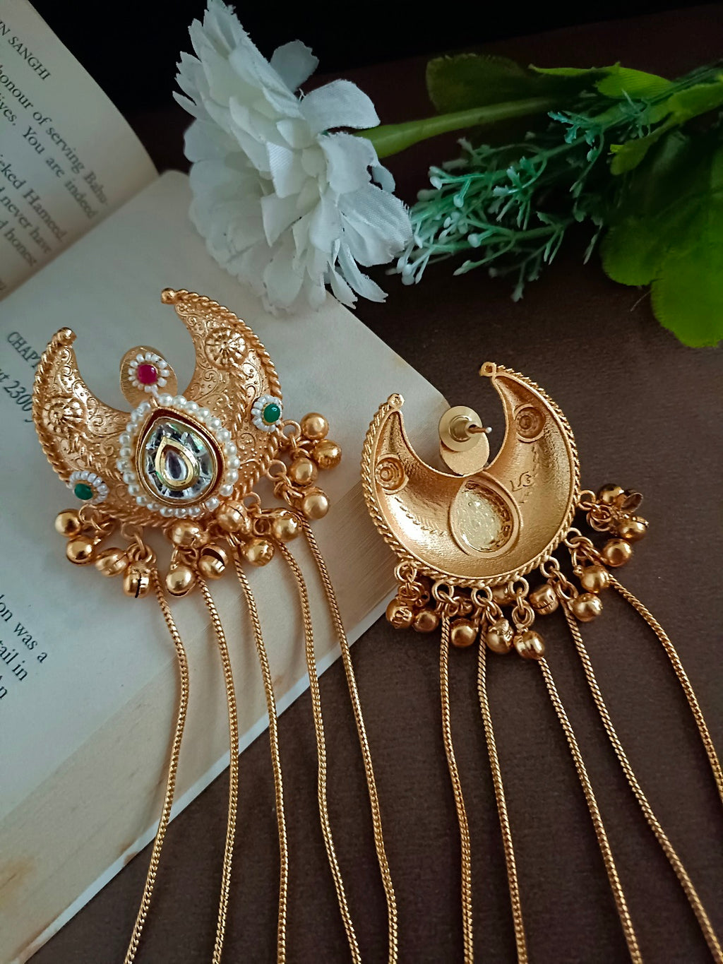 Gold Plated Pachi Kundan & Ghungaroo Bedded Kashmiri Crescent Shaped Drop Earrings