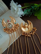 Gold Plated Pachi Kundan & Ghungaroo Bedded Kashmiri Crescent Shaped Drop Earrings