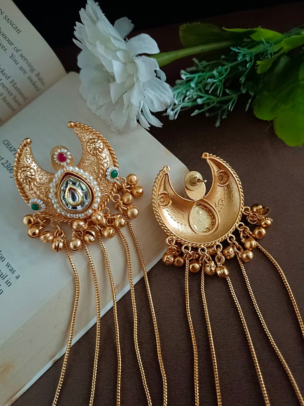 Gold Plated Pachi Kundan & Ghungaroo Bedded Kashmiri Crescent Shaped Drop Earrings
