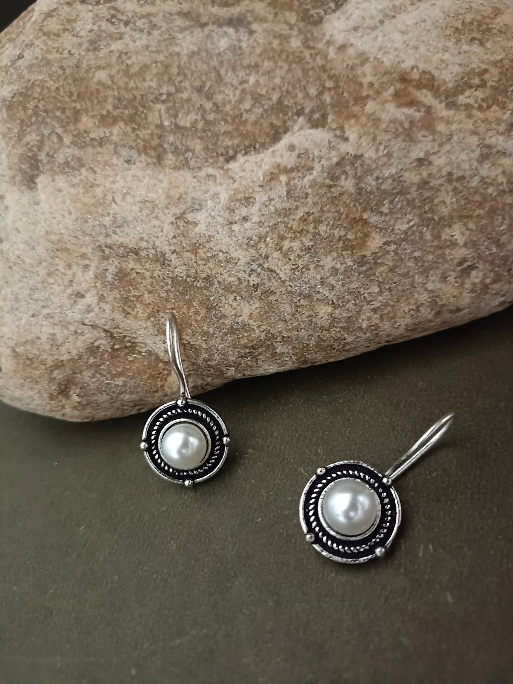 Sanjog Oxidized Silver Simple Round Pearl Drop Earrings
