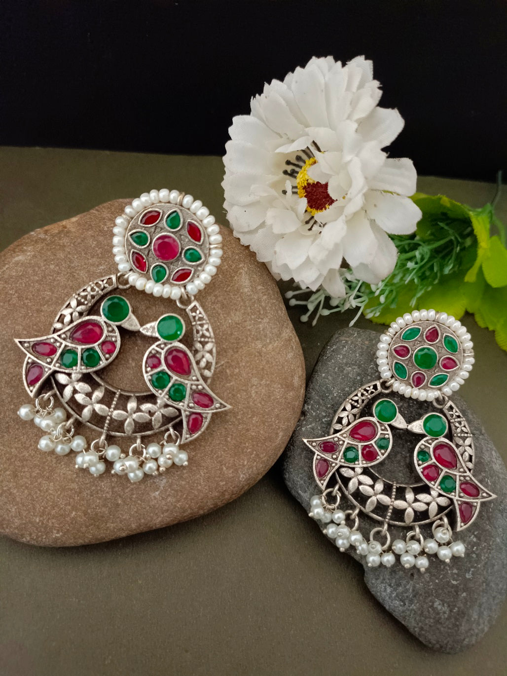 Sanjog Grand Oxidized Silver-Tone Bird Motif Drop Earrings with Multi-Color Stones and Pearl Fringe