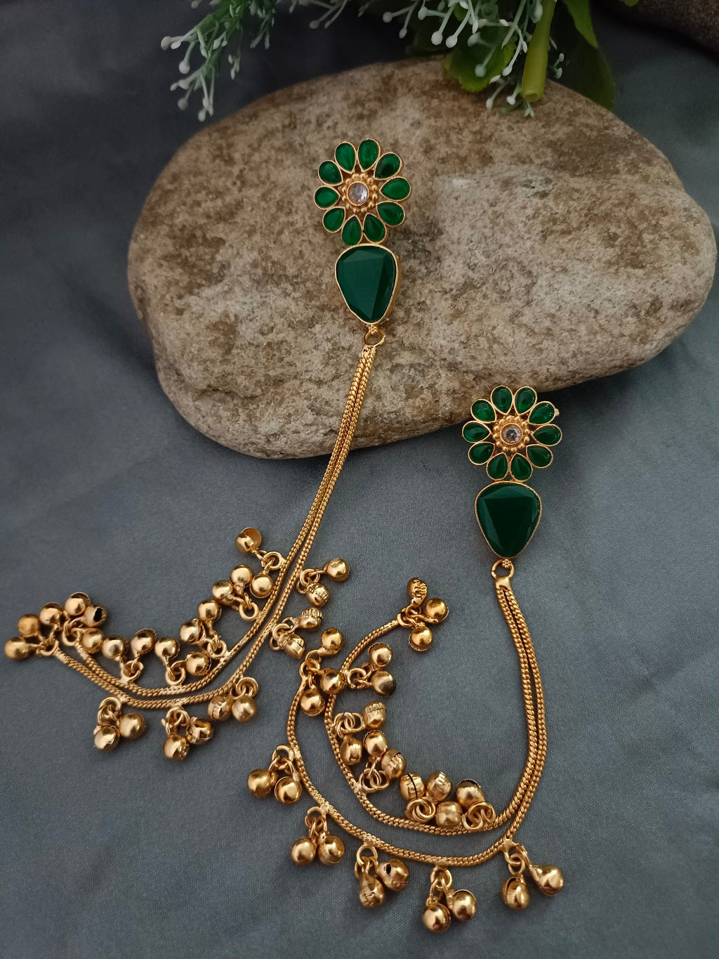Brass- Plated Kundan & Ghungaroo Beaded Kashmiri Floral Drop Earrings