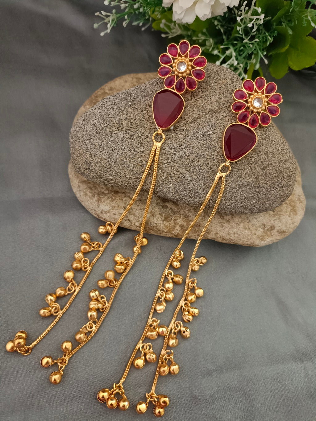 Gold Plated Kundan & Ghungaroo Beaded Kashmiri Floral Drop Earrings