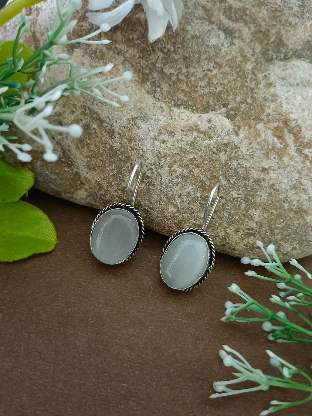 Sanjog Oxidized Silver Oval Cat's Eye Stone Drop Earrings