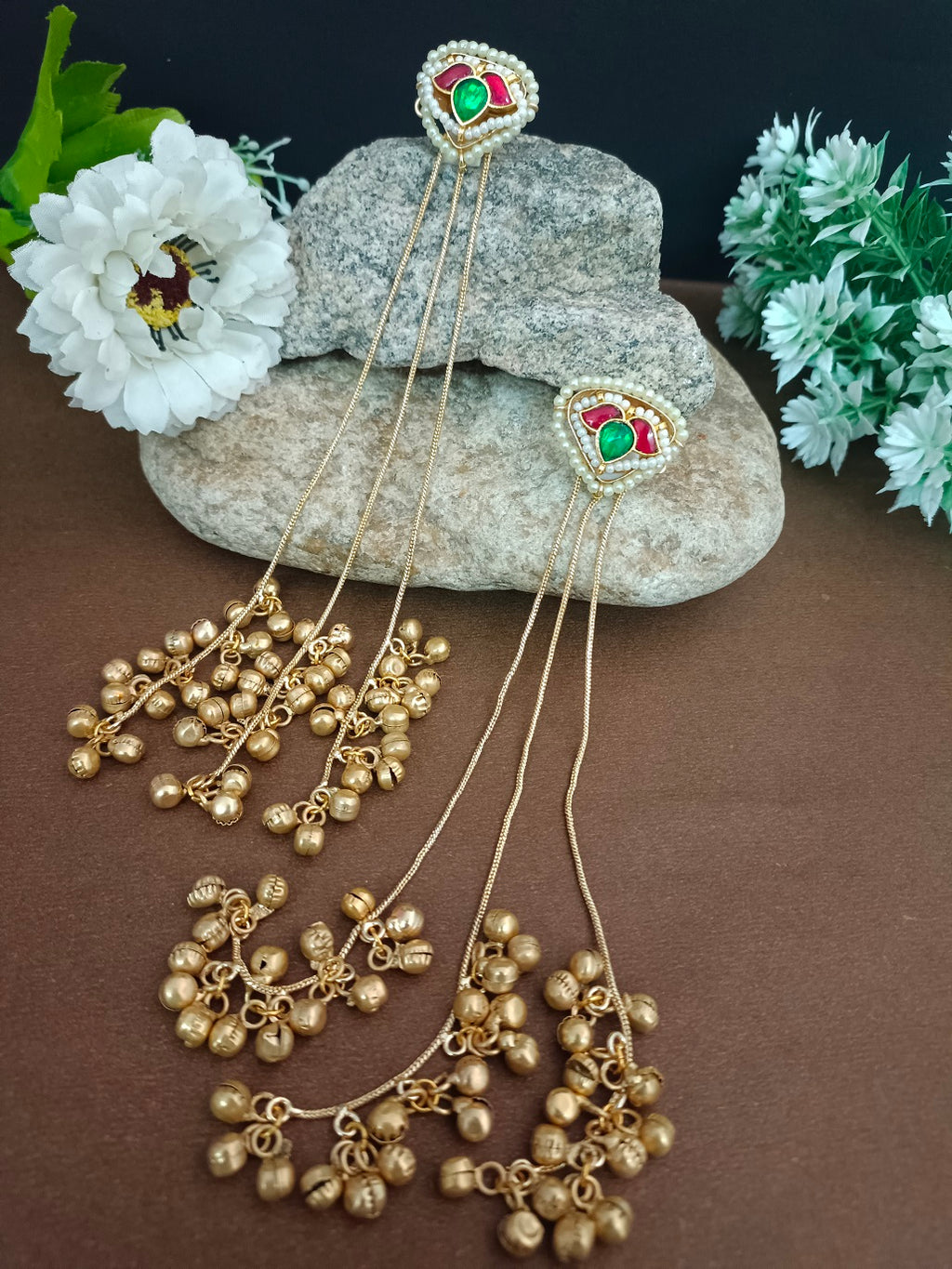 Brass-Plated Pachi Kundan & Ghungaroo Beaded Kashmiri Drop Earrings