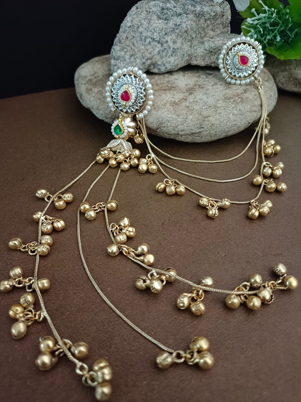 Set Of 2 Gold Plated Pachi Kundan & Ghungaroo Beaded Drop Earrings With Ear Chain