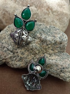 Sanjog Oxidized Silver-Tone Emerald Green Stone Cluster Stud Earrings with Intricate Dome Base