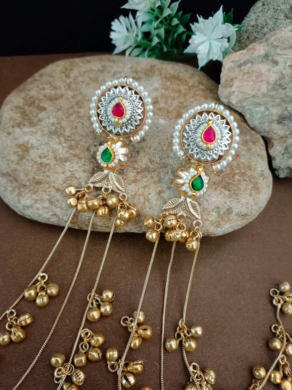 Brass Plated Pachi Kundan & Ghungaroo Studded Kashmiri Drop Earrings