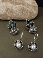 Sanjog Tribal Oxidized Silver Stud Earrings with Black Stone Cluster