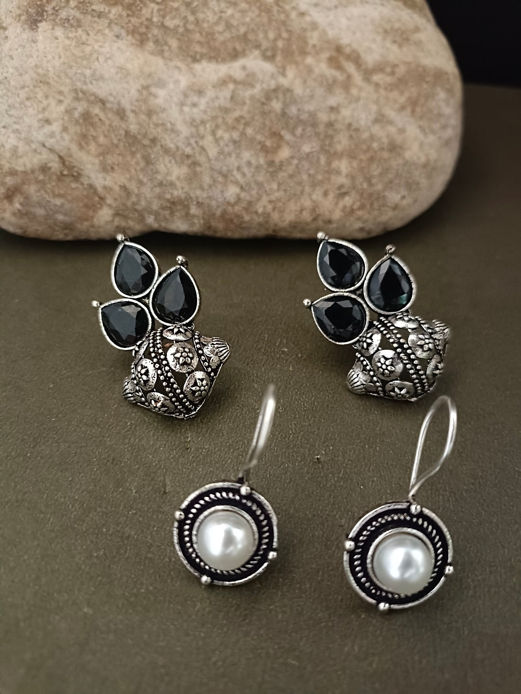 Sanjog Tribal Oxidized Silver Stud Earrings with Black Stone Cluster