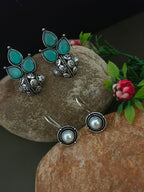 Sanjog Oxidized Silver Earring Set with Teal Stone Studs and Pearl Drops