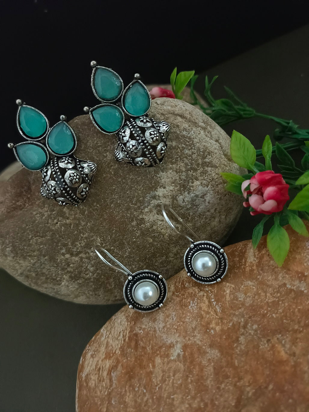 Sanjog Oxidized Silver Earring Set with Teal Stone Studs and Pearl Drops