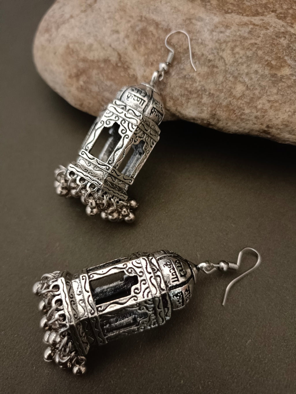 German Silver Silver-Plated Ghungroo Beaded Dome Shaped Oxidised Jhumkas