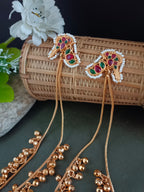Gold-Plated Kundan Studded & Ghungroo Beaded Tasselled Peacock Drop Meenakari Earrings