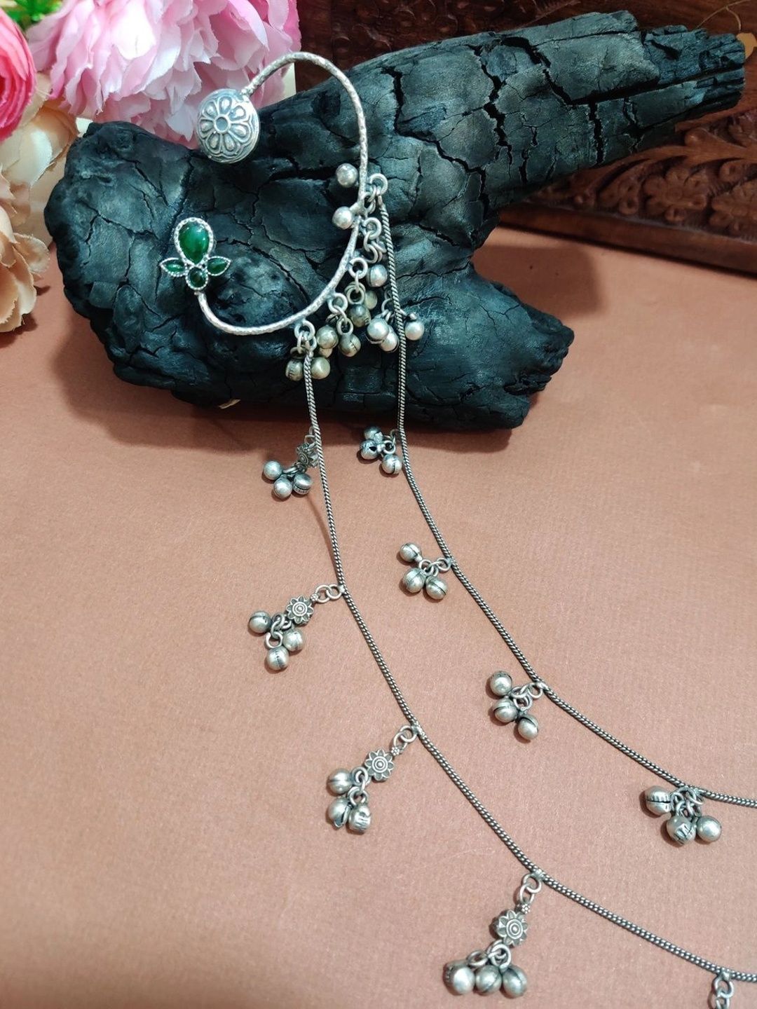 Silver-Plated Green Floral Ear Cuff Earrings with Hair Chain