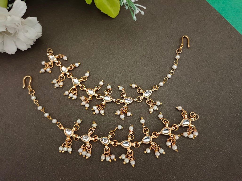 Gold-Plated Kundan Studded And Artificial Beaded Pearl Sahara Ear Chains Earrings