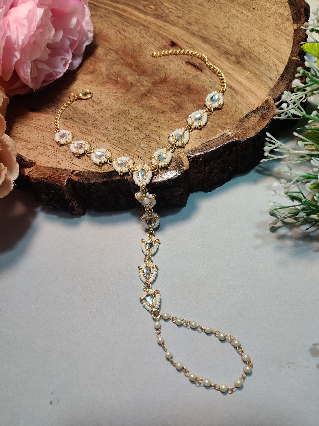 Gold-Plated Kundan Studded Finger Ring Hathphool Pearl Bracelets