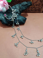 Silver-Plated Multicolour Floral Ear Cuff Earrings with Hair Chain