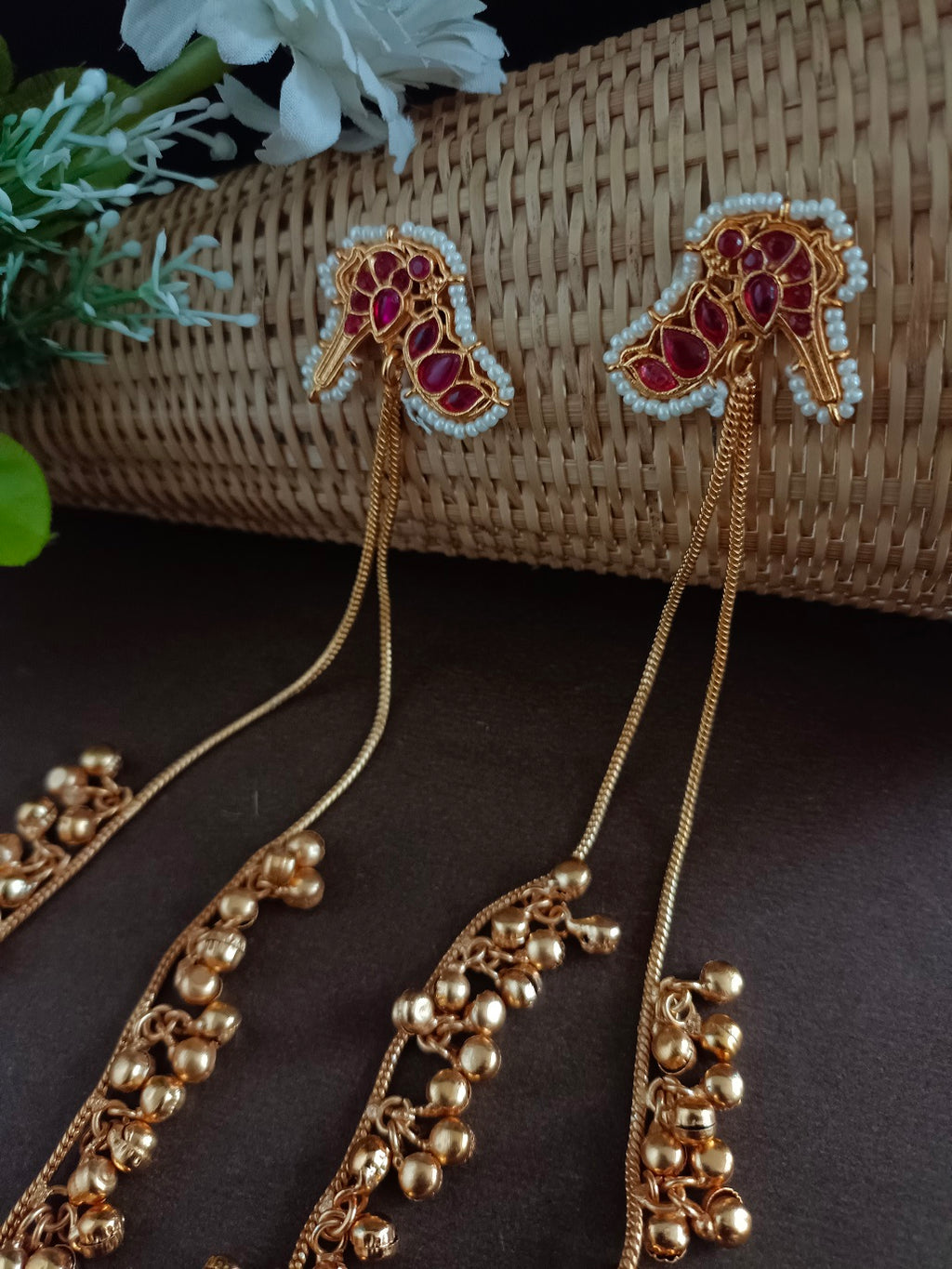 Gold-Plated Kundan Studded & Ghungroo Beaded Tasselled Peacock Kashmiri Drop Earrings
