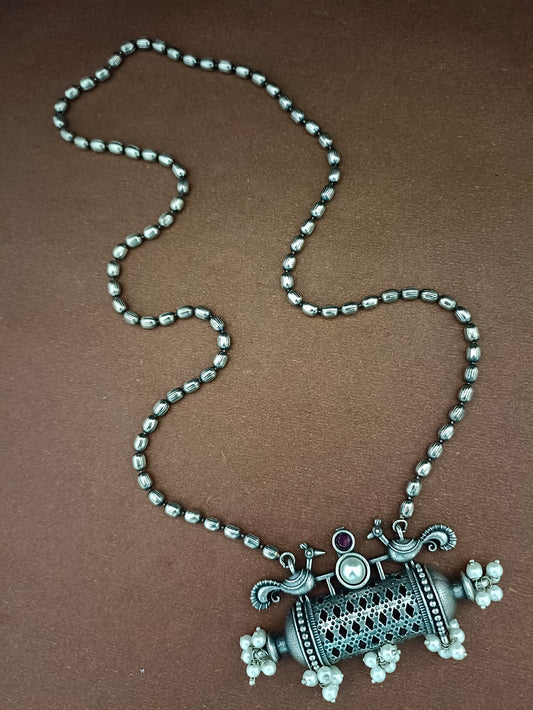 German Silver-Plated Oxidised Artificial Beaded Statement Necklace
