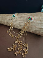 Set Of 2 Brass Plated Pachi Kundan & Ghungaroo Studded Drop Kashmiri Earrings With Earchains