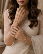 Women 2 Brass Handcrafted Gold-Plated Hathphool Panja Multi Ring Pearl Studded Bracelet