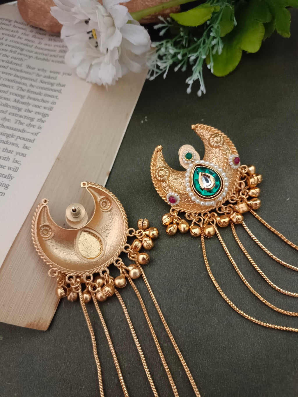 Brass-Plated Pachi Kundan & Ghungaroo Beaded Kashmiri Crescent Shaped Drop Earrings