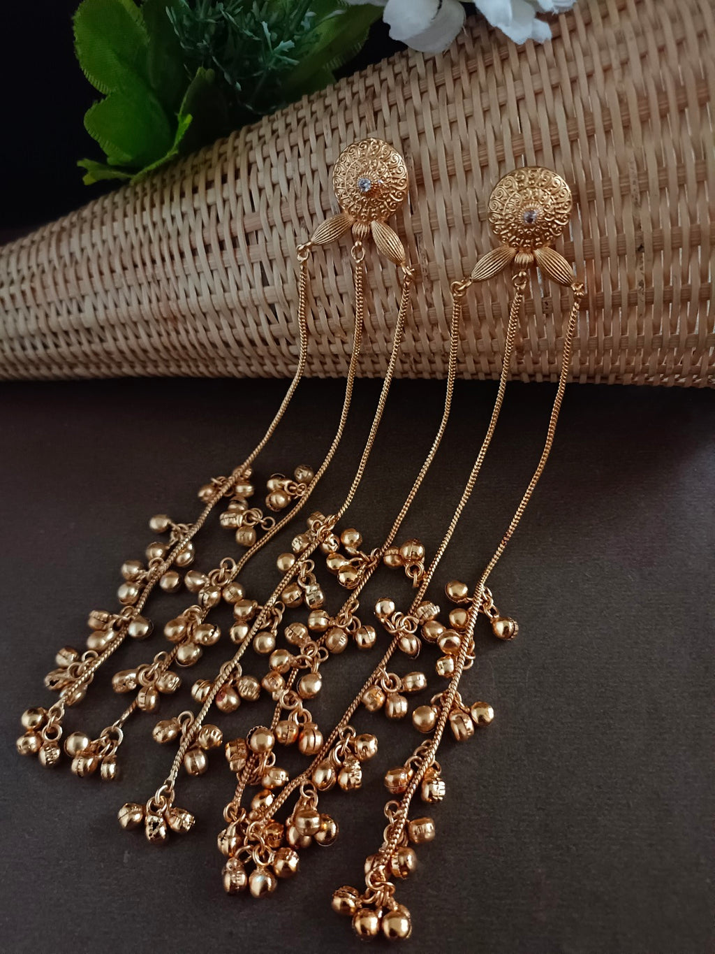 Gold Plated Kundan & Ghungaroo Beaded Kashmiri Drop Earrings