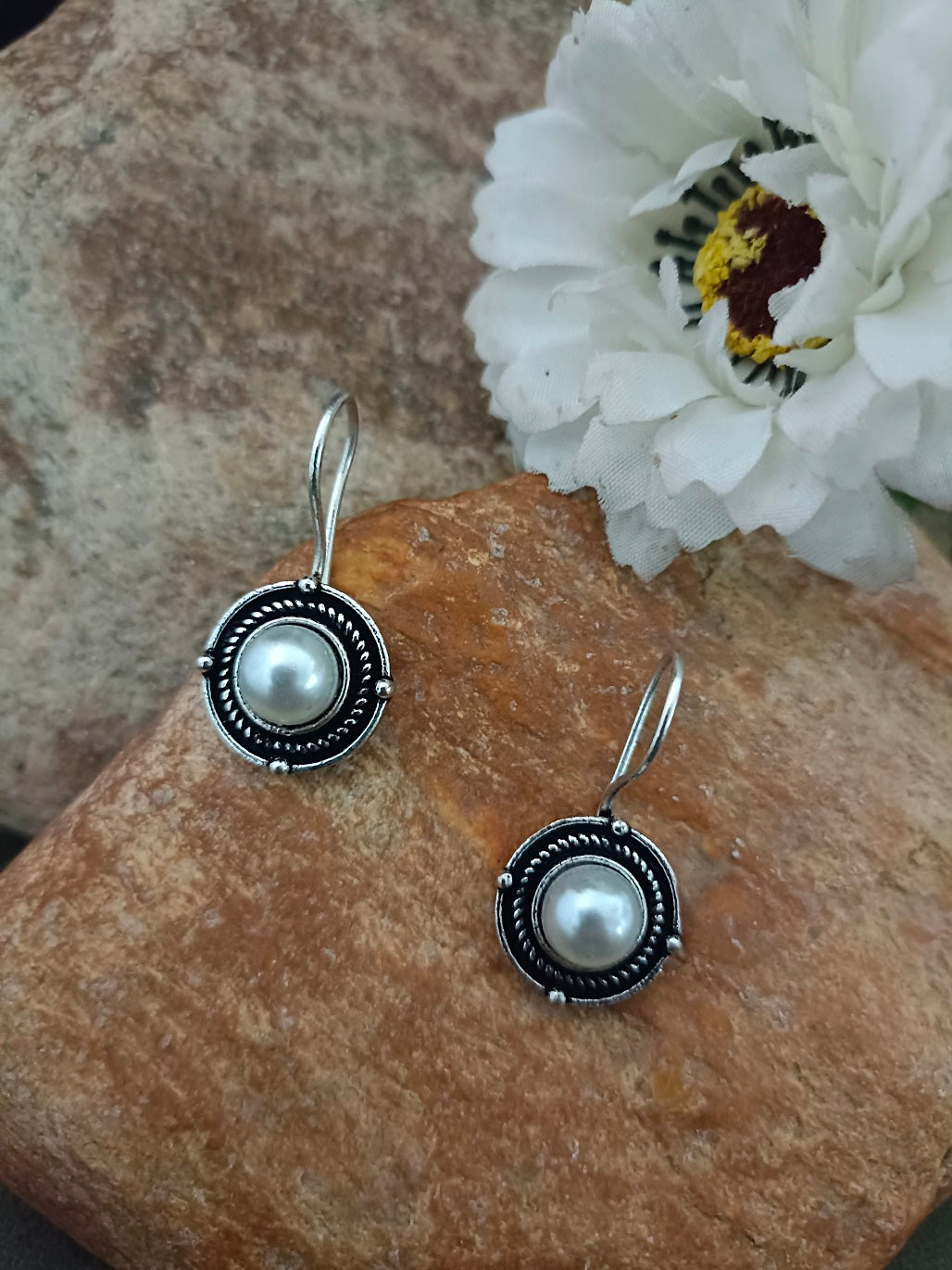 Sanjog Tribal Oxidized Silver Stud Earrings with Black Stone Cluster