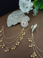 Traditional Gold-Tone Ear Chains (Kaan Chain) with Pachi Kundan Studs and Ghungroo Dangles
