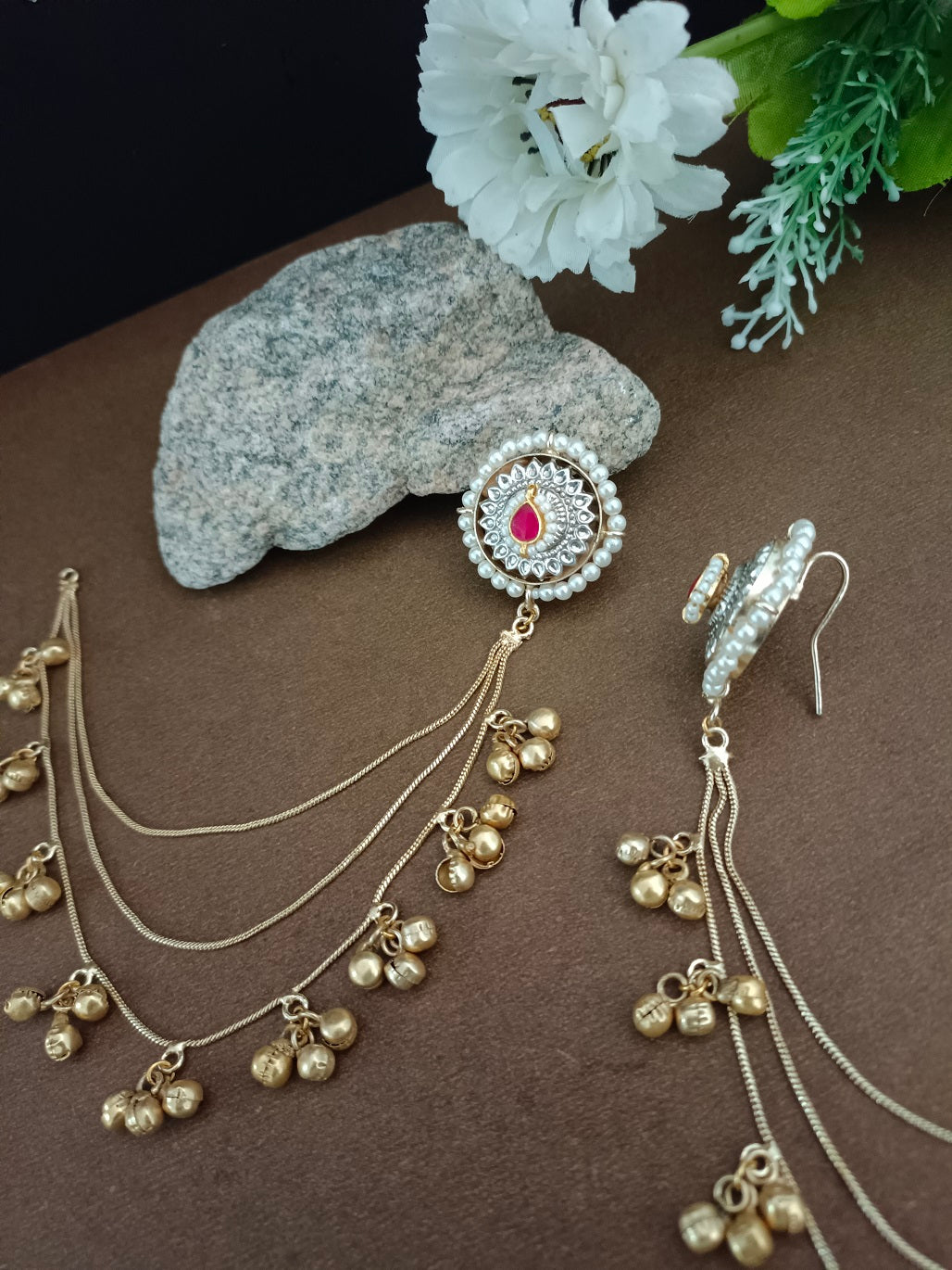 Traditional Gold-Tone Ear Chains (Kaan Chain) with Pachi Kundan Studs and Ghungroo Dangles