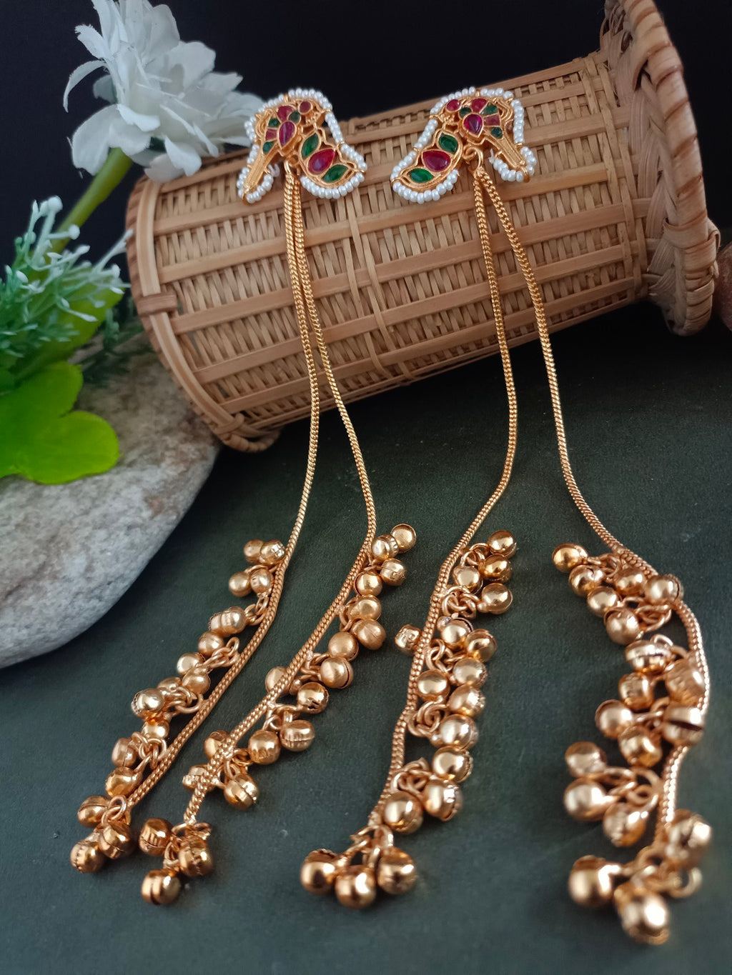 Gold-Plated Kundan Studded & Ghungroo Beaded Tasselled Peacock Drop Meenakari Earrings