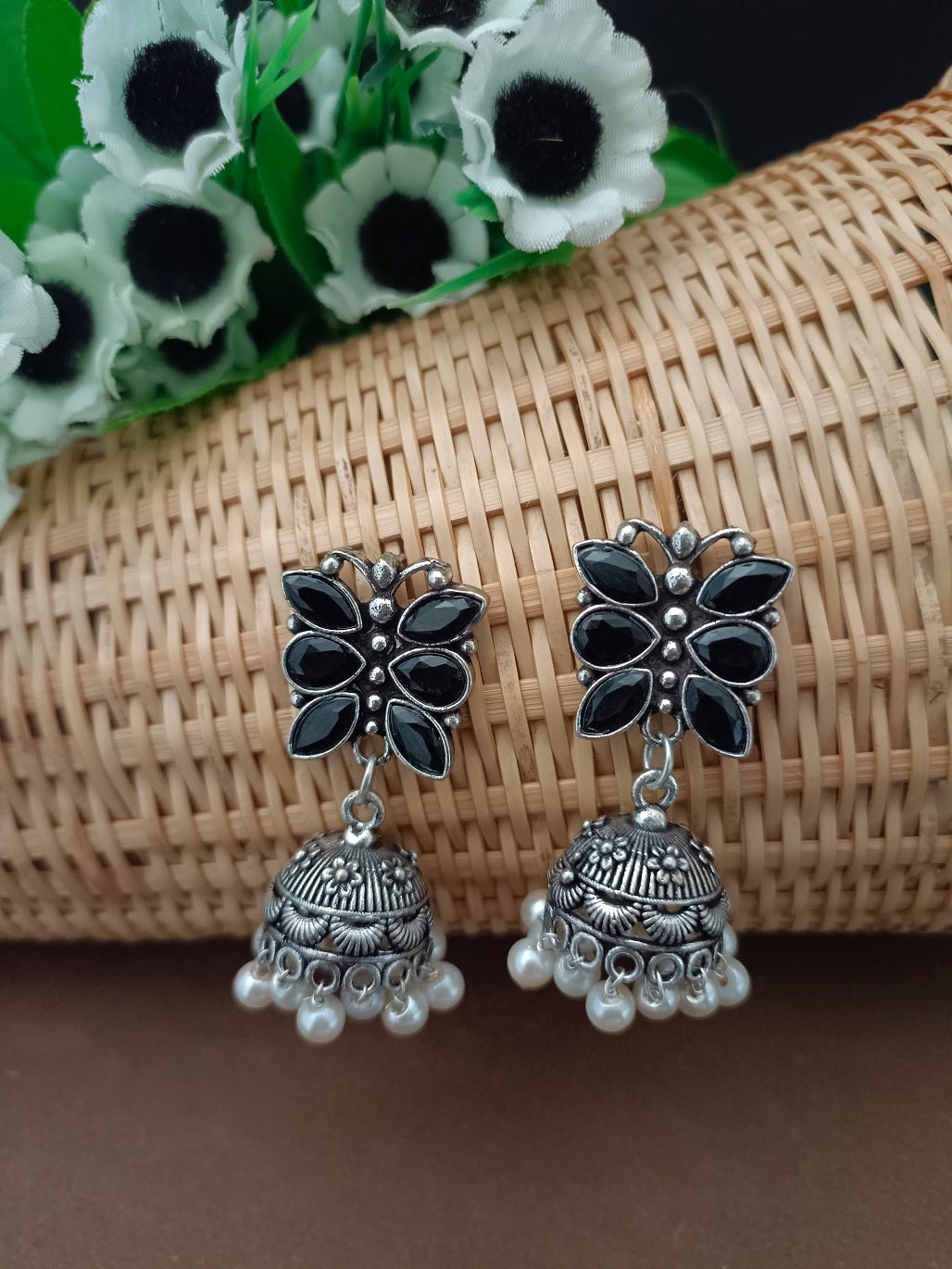 Sanjog Oxidized Silver Black Stone Floral Jhumka Earrings with Pearl Drops