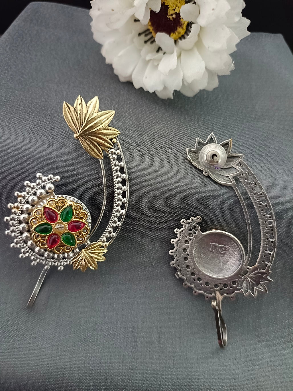 Brass-Plated Artificial Stones Studded Oxidised Floral Bugadi Ear Cuff Earring
