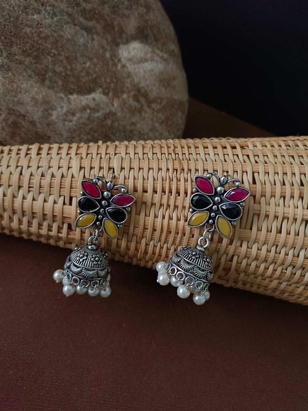 Sanjog Oxidized Silver Multi-Color Stone Floral Jhumka Earrings with Pearl Drops