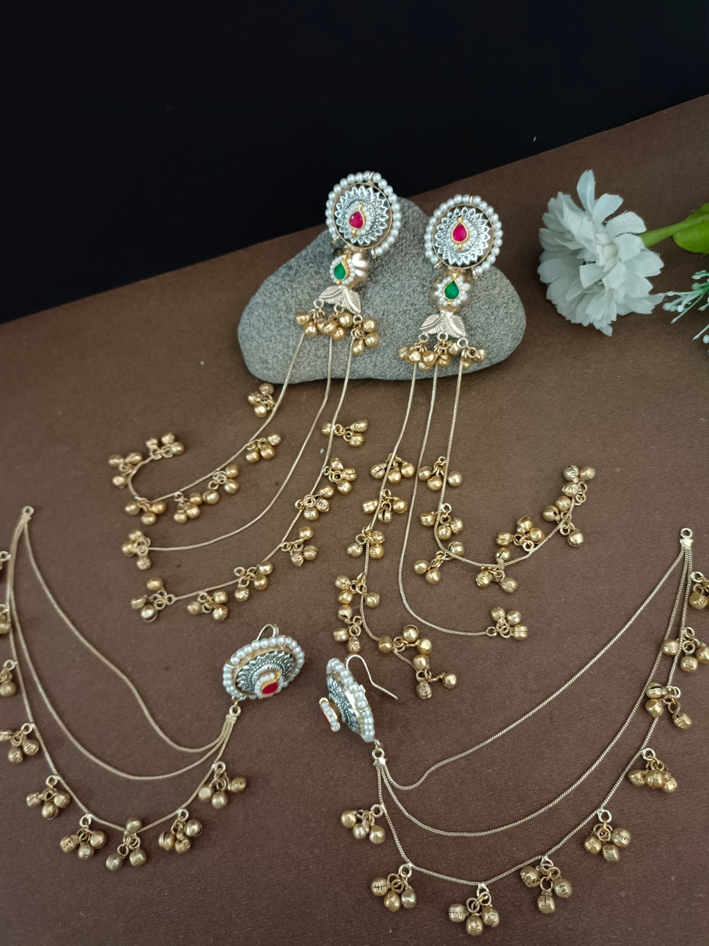 Set Of 2 Gold Plated Pachi Kundan & Ghungaroo Beaded Drop Earrings With Ear Chain